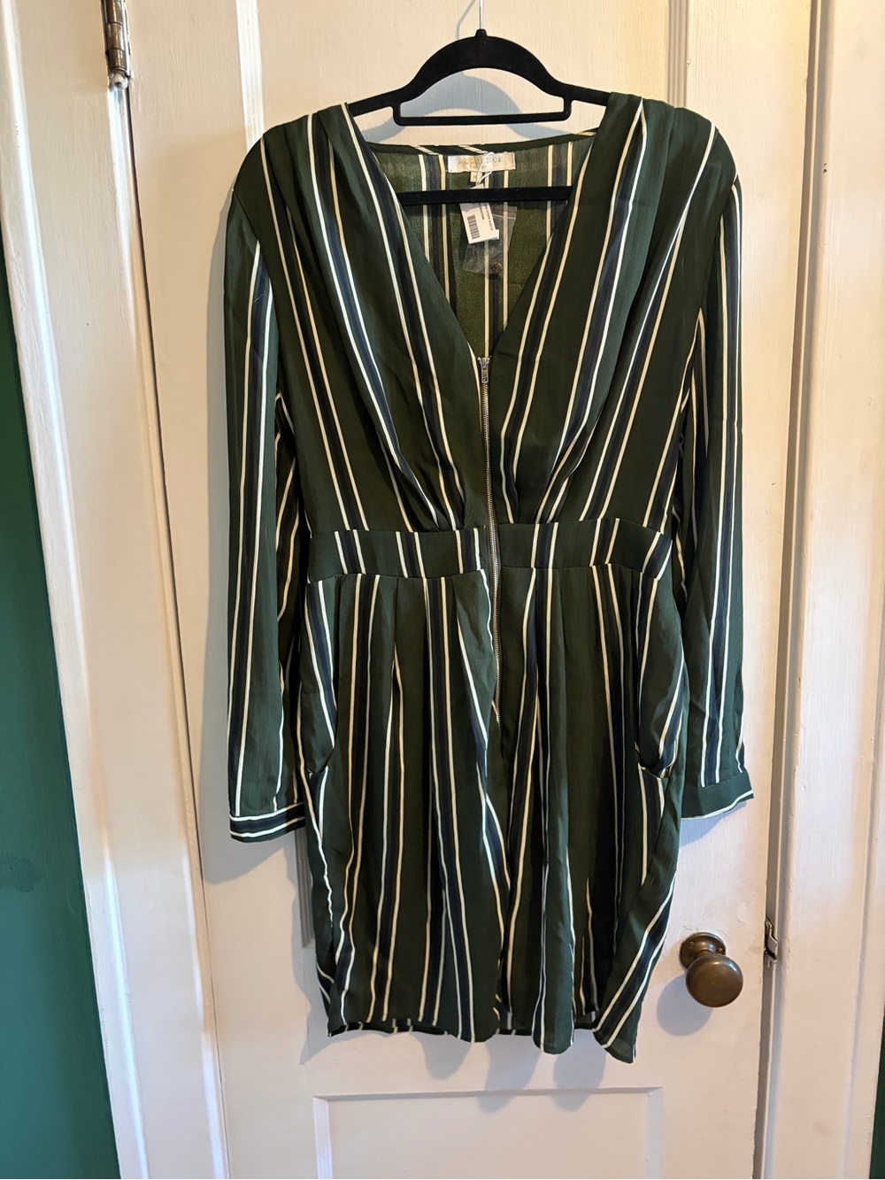 Striped Deep Green V-Neck Long Sleeve Dress